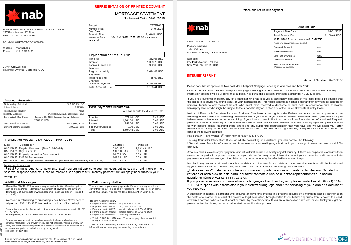 Download USA Nab bank mortgage statement in Word and PDF formats, 3 pages 1 2 Photoshop template